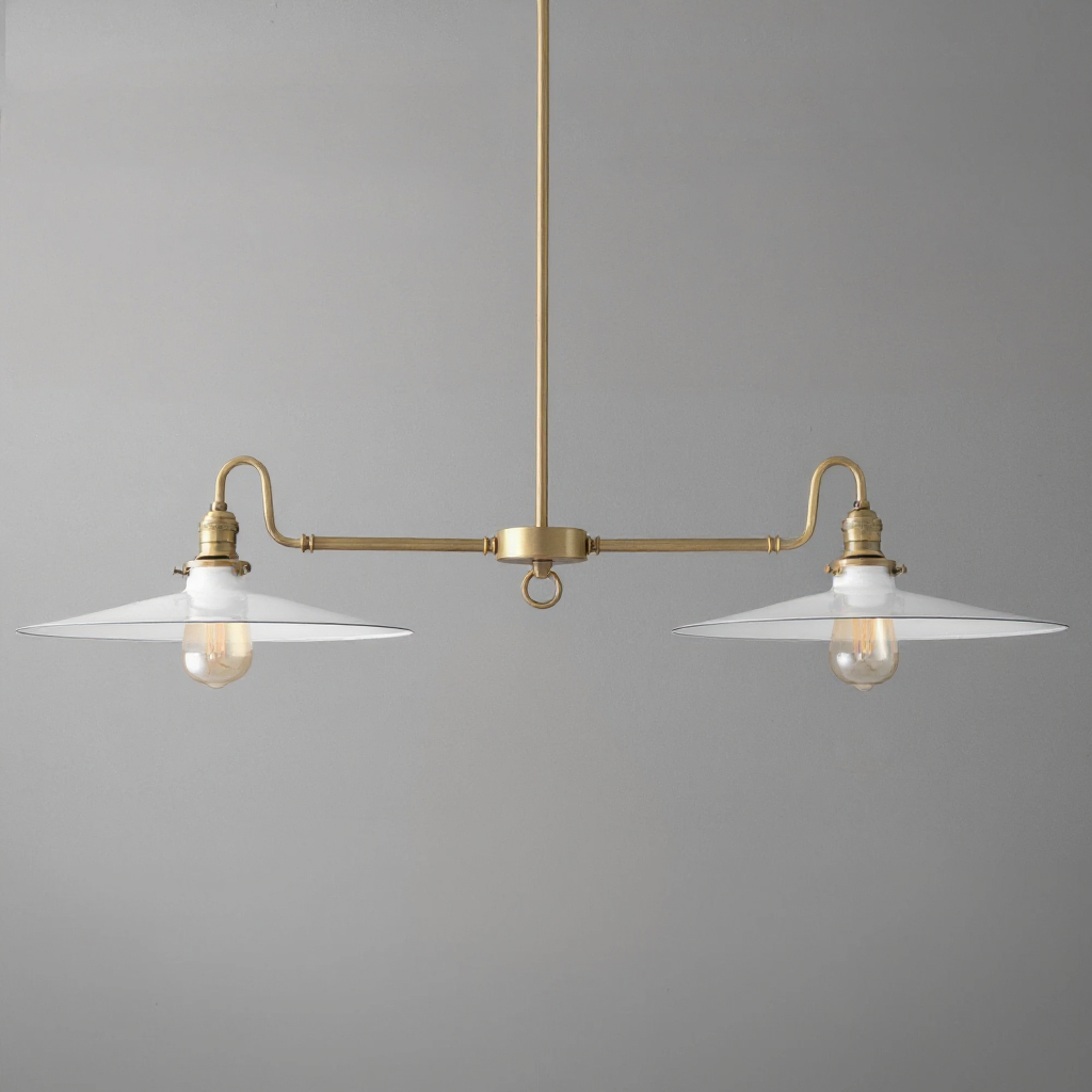 Antique brass industrial chandelier with two clear bulb shades and white wide conical glass diffusers. - CHANDELIER MODEL NO. 8785