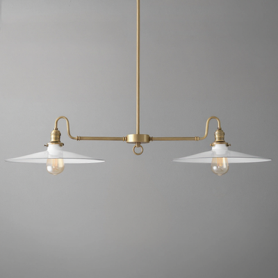 Antique brass industrial chandelier with two clear bulb shades and white wide conical glass diffusers. - CHANDELIER MODEL NO. 8785