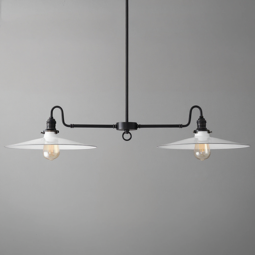 Industrial-style black metal chandelier with two wide flat white shades and exposed filament bulbs. - CHANDELIER MODEL NO. 8785