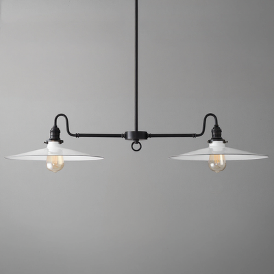 Industrial-style black metal chandelier with two wide flat white shades and exposed filament bulbs. - CHANDELIER MODEL NO. 8785