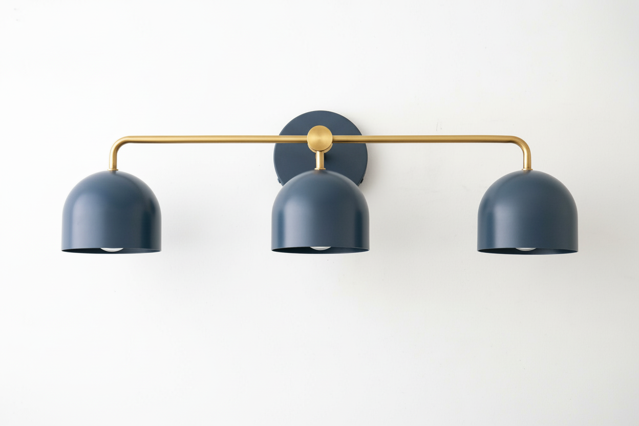 Mid-century modern vanity light with three deep blue metal shades and a brass-finished horizontal bar. - VANITY LIGHT MODEL NO. 7456