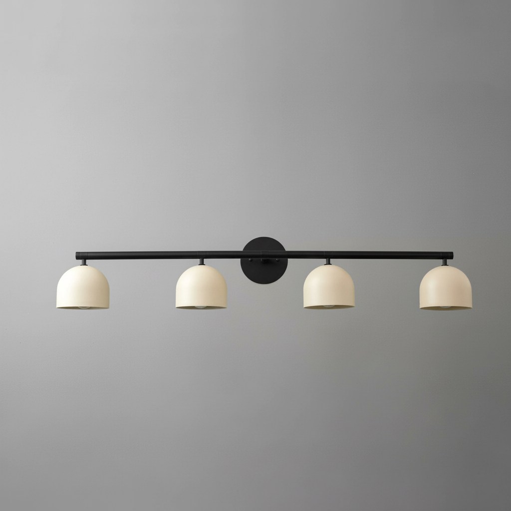 Four-light vanity fixture with matte black metal bar and cream dome-shaped shades on gray wall. - VANITY MODEL NO. 6448