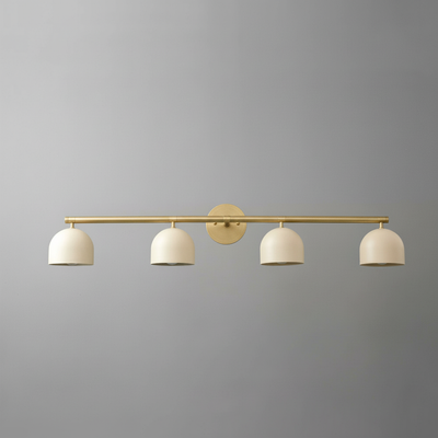 Four-light vanity fixture with antique brass finish and dome-shaped cream shades on a horizontal bar. - VANITY MODEL NO. 6448