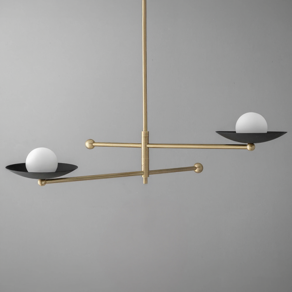 Minimalist industrial chandelier with two black metal disk shades and opaque white globe bulbs on brushed gold rods. - CHANDELIER MODEL NO. 2933