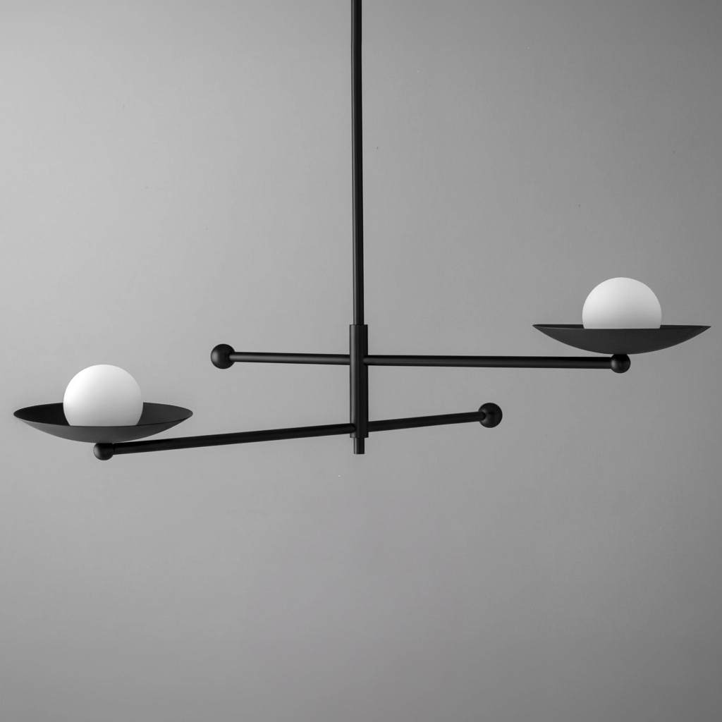 Black metal industrial chandelier with two horizontal arms holding white globe lights on shallow dish-shaped holders. - CHANDELIER MODEL NO. 2933