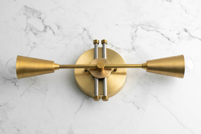 VANITY MODEL No. 2986-Art Deco bathroom lighting with a Raw Brass/Steel finish. Designed and produced by DECOCREATIONStudio at Peared Creation