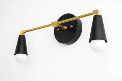 VANITY MODEL No. 1298- Mid Century Modern bathroom lighting with a Black/Brass/Black finish. Designed and produced by MODCREATIONStudio at Peared Creation