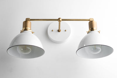 VANITY MODEL No. 9018- Mid Century Modern bathroom lighting with a White/Brass finish. Designed and produced by MODCREATIONStudio at Peared Creation