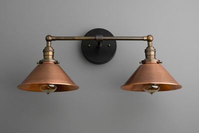 VANITY MODEL No. 8845- Industrial bathroom lighting with a Black/Antique Brass finish. Designed and produced by newwineoldbottles at Peared Creation
