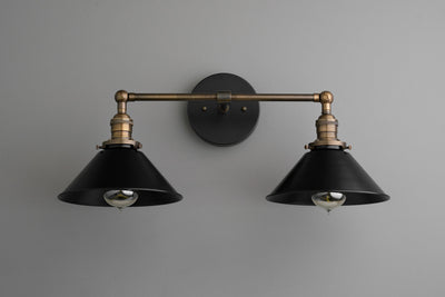 VANITY MODEL No. 1802- Industrial bathroom lighting with a Antique Brass/Black finish. Designed and produced by newwineoldbottles at Peared Creation
