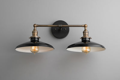 VANITY MODEL No. 6297- Industrial bathroom lighting with a Black/Antique Brass finish. Designed and produced by newwineoldbottles at Peared Creation
