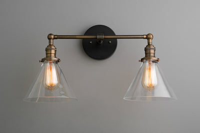 VANITY MODEL No. 1464- Industrial bathroom lighting with a Antique Brass/Black finish. Designed and produced by newwineoldbottles at Peared Creation