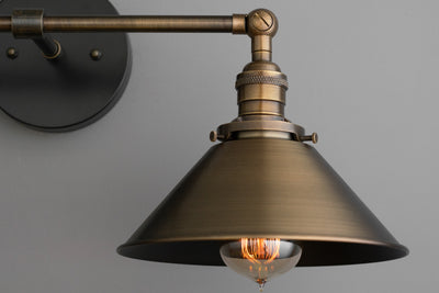VANITY MODEL No. 1861- Industrial bathroom lighting with a Antique Brass/Black finish. Designed and produced by newwineoldbottles at Peared Creation