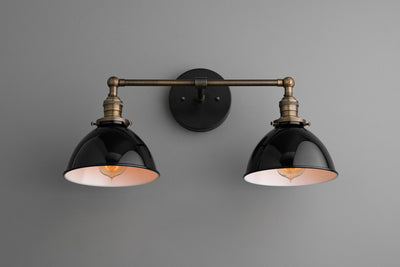 VANITY MODEL No. 7917- Industrial bathroom lighting with a Antique Brass/Black finish. Designed and produced by newwineoldbottles at Peared Creation