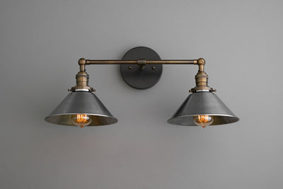 VANITY MODEL No. 0799- Industrial bathroom lighting with a Antique Brass/Black finish. Designed and produced by newwineoldbottles at Peared Creation