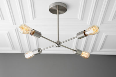 CHANDELIER MODEL No. 2963- Industrial dining room lights with a Brushed Nickel finish. Designed and produced by newwineoldbottles at Peared Creation