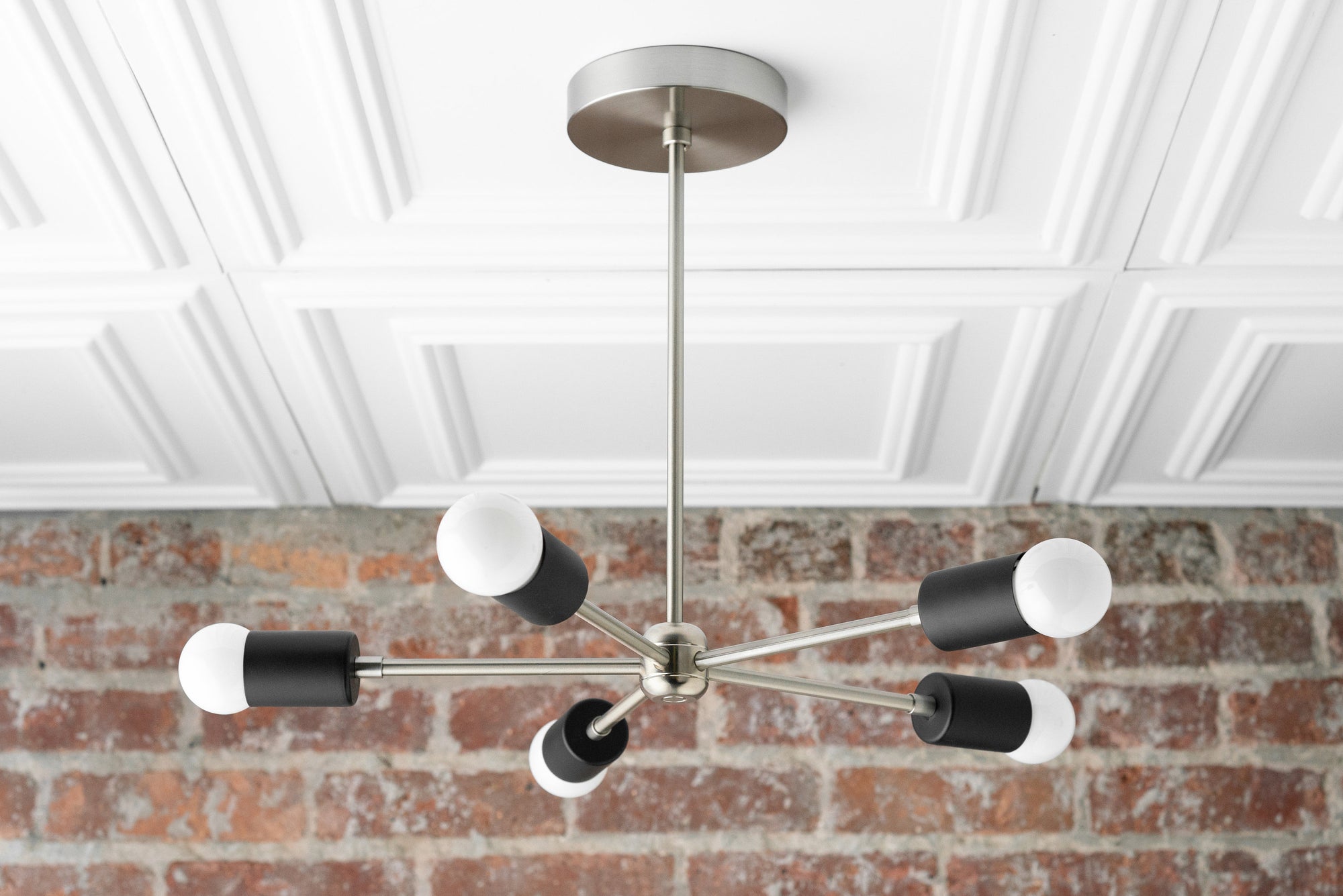 CHANDELIER MODEL No. 6652- Mid Century Modern dining room lights with a Brushed Nickel/Black finish. Designed and produced by MODCREATIONStudio at Peared Creation