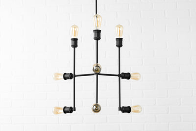 CHANDELIER MODEL No. 1677- Industrial dining room lights with a 30" total w/ 18" rod finish. Designed and produced by newwineoldbottles at Peared Creation