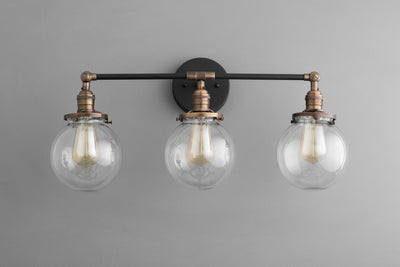 VANITY MODEL No. 3170- Industrial bathroom lighting with a Black/Antique Brass finish. Designed and produced by newwineoldbottles at Peared Creation
