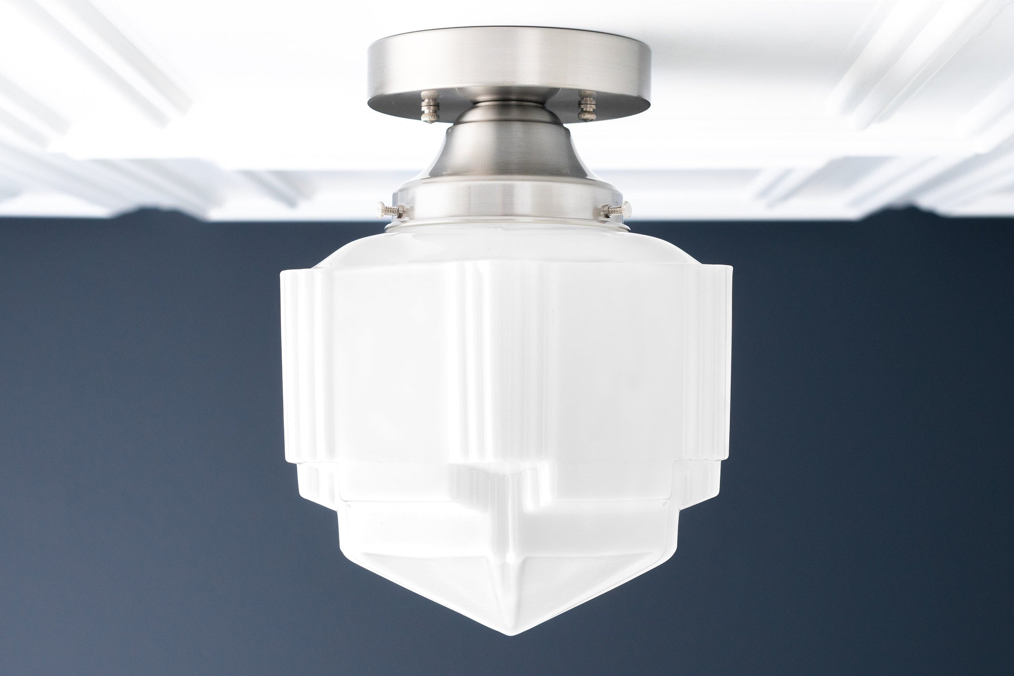 Art Deco flush mount ceiling light with brushed nickel finish and faceted white glass globe shade. - CEILING LIGHT MODEL NO. 9155
