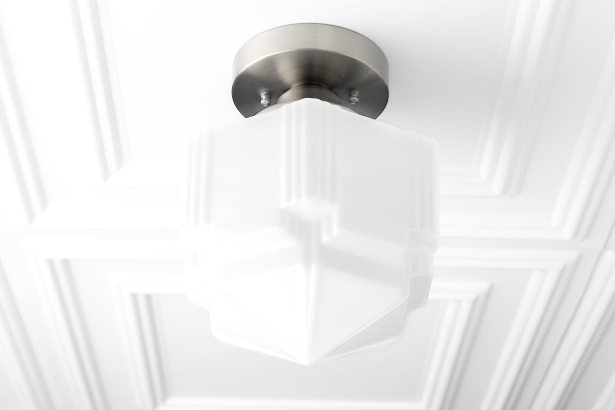 Art Deco flush mount ceiling light with white faceted glass globe and brushed nickel base. - CEILING LIGHT MODEL NO. 9155