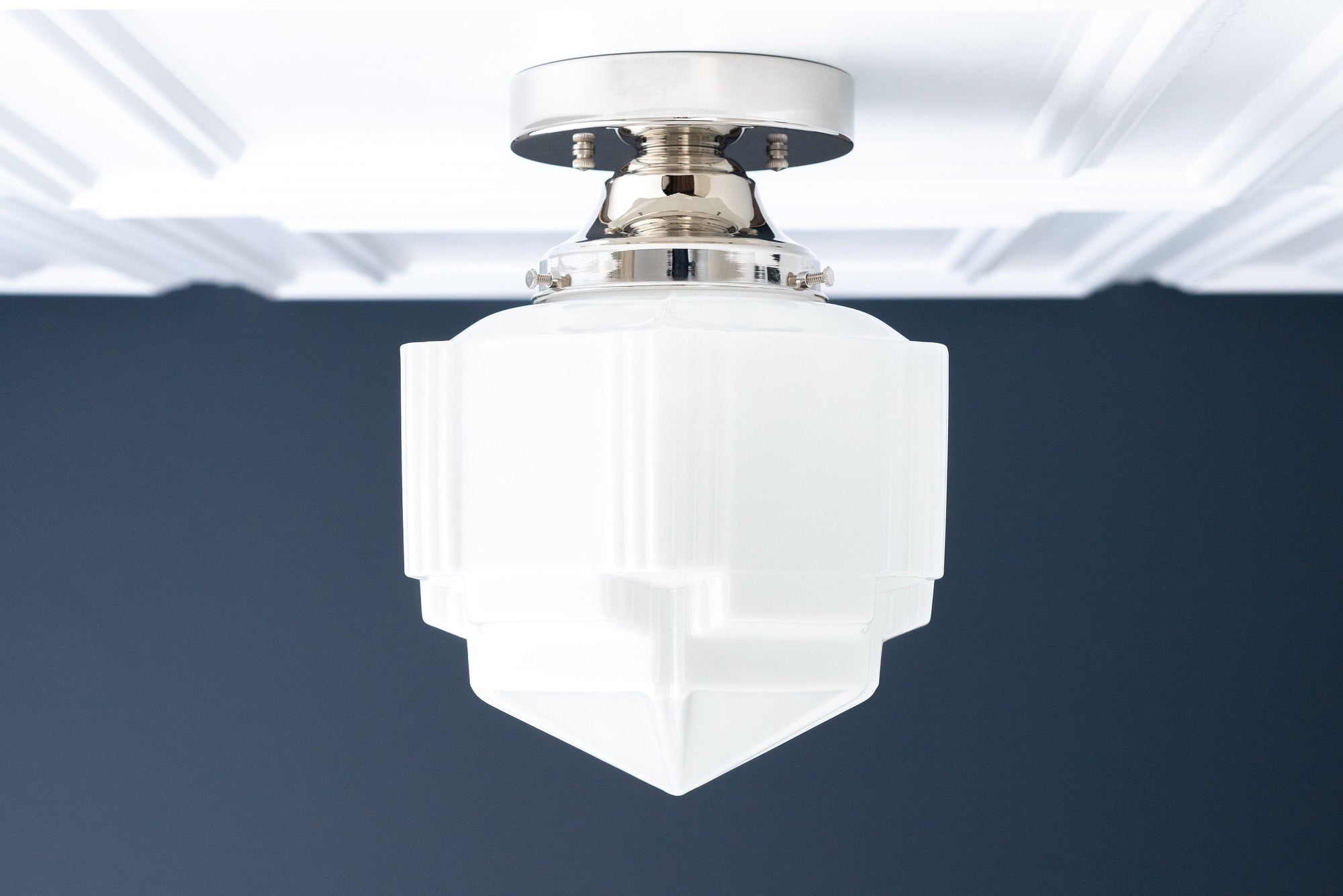 Art Deco flush mount ceiling light with white geometric glass globe and polished nickel finish. - CEILING LIGHT MODEL NO. 9155