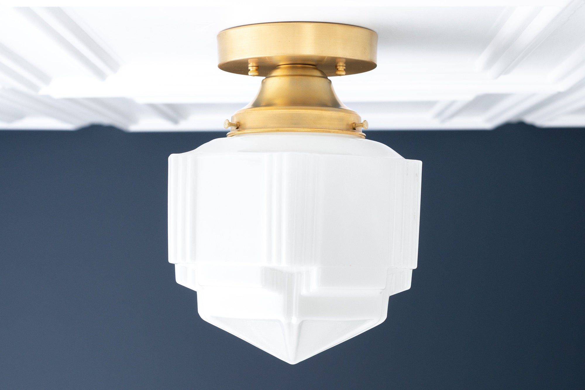 Art Deco flush mount ceiling light with geometric frosted glass globe and raw brass finish. - CEILING LIGHT MODEL NO. 9155