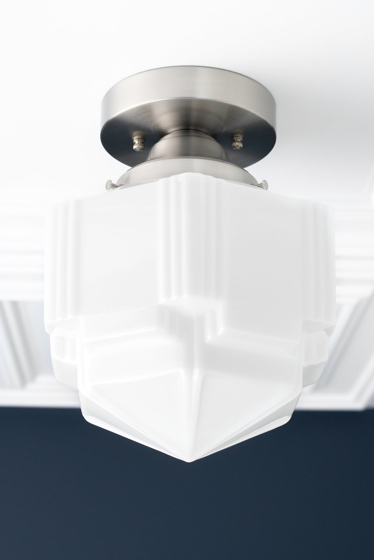 Art Deco flush mount ceiling light with white geometric glass globe and brushed nickel base. - CEILING LIGHT MODEL NO. 9155