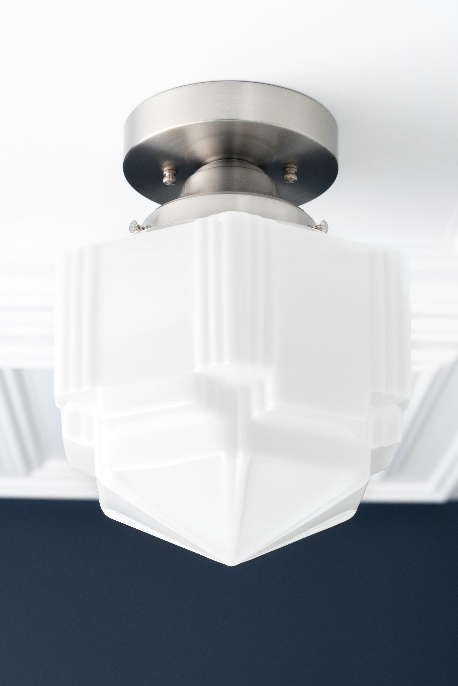 Art Deco flush mount ceiling light with white geometric glass globe and brushed nickel base. - CEILING LIGHT MODEL NO. 9155