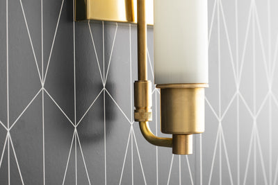 VANITY MODEL No. 1210-Art Deco bathroom lighting with a Raw Brass finish. Designed and produced by DECOCREATIONStudio at Peared Creation