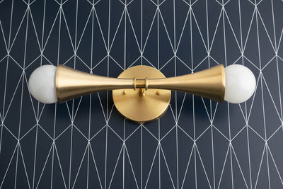 VANITY MODEL No. 7237-Art Deco bathroom lighting with a Raw Brass finish. Designed and produced by DECOCREATIONStudio at Peared Creation