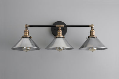VANITY MODEL No. 5558- Industrial bathroom lighting with a Black/Antique Brass finish. Designed and produced by newwineoldbottles at Peared Creation