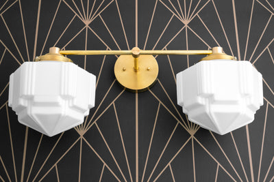VANITY MODEL No. 9871-Art Deco bathroom lighting with a Raw Brass finish. Designed and produced by DECOCREATIONStudio at Peared Creation
