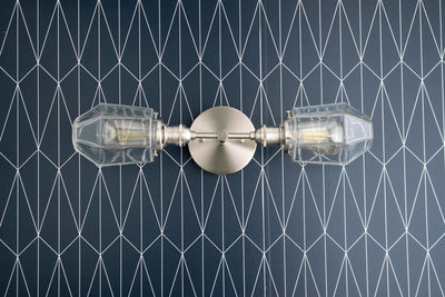VANITY MODEL No. 9636-Art Deco bathroom lighting with a Brushed Nickel finish. Designed and produced by DECOCREATIONStudio at Peared Creation