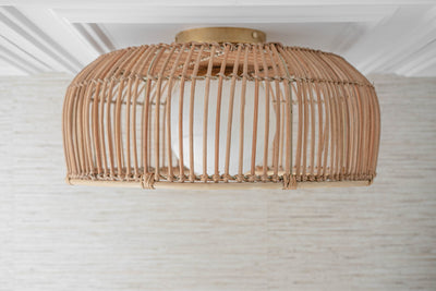 Rattan Basket Shade with Globe - Ceiling Light - Boho Lighting - Modern Lighting - Rattan Shade - Pendant Lighting - Boho Model No. 4944