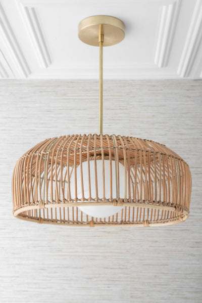 Rattan Basket Shade with Globe -  Pendant Lighting - Boho Lighting - Natural Fiber Light - Ceiling Lighting - Boho Model No. 4944