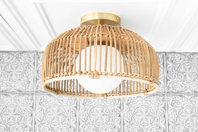 Rattan Basket Light - Opal Globe  - Natural Fiber Ceiling Light -  Unique Lighting - Boho Model No. 4843