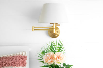 Off White Cloth Shade Sconce - Swing Arm Light Fixture - Hardwire or Plug In - Brass Wall Light - Model No. 1284
