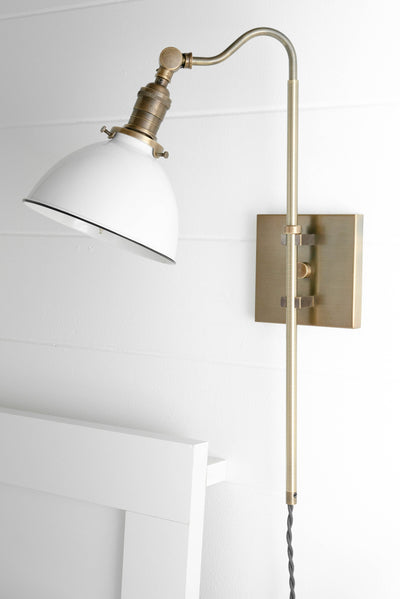 Plug In Bedside Light - White Bucket Shade - Antique Brass Fixture - Plug In Wall Sconce - Reading Light - Model No. 3035