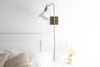 Plug In Bedside Light - White Bucket Shade - Antique Brass Fixture - Plug In Wall Sconce - Reading Light - Model No. 3035