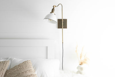 Plug In Bedside Light - White Bucket Shade - Antique Brass Fixture - Plug In Wall Sconce - Reading Light - Model No. 3035