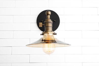 SCONCE MODEL No. 3310- Industrial Wall Lights with a Black/Antique Brass finish. Designed and produced by newwineoldbottles at Peared Creation