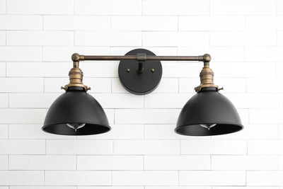 VANITY MODEL No. 8791- Industrial bathroom lighting with a Antique Brass/Black finish. Designed and produced by newwineoldbottles at Peared Creation