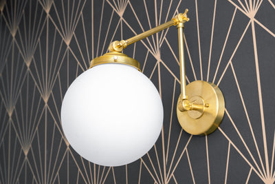 8 Inch White Satin Globe Sconce - Articulating Sconce - Art Deco Light - Adjustable Sconce - Model No. 9331