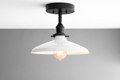 10" White Enamel Shade - Hanging Industrial Light - Semi Flush Lighting - Model No. 8051