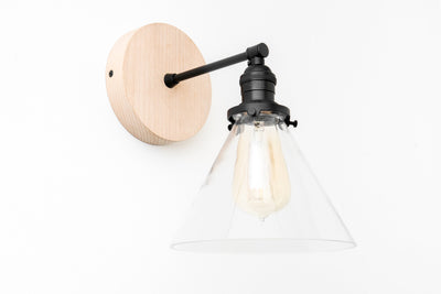 Modern Farmhouse - Glass Shade - Wooden Lamp Plate - Boho Lighting - Wall Sconce - Model No. 1608