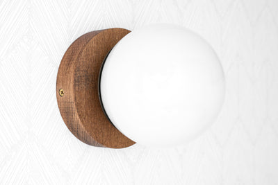 Oak Finish Lamp - Minimalist Sconce - Opal Globe Lamp - Natural Wood Light - Flush Mount - Model No. 5719