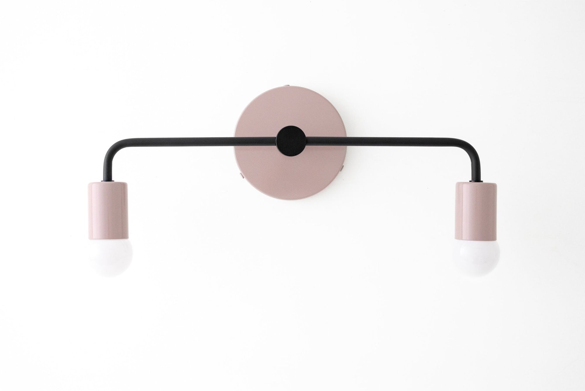 Mauve Scandinavian vanity light with black metal rod and two bare bulbs. - VANITY LIGHT MODEL NO. 1071