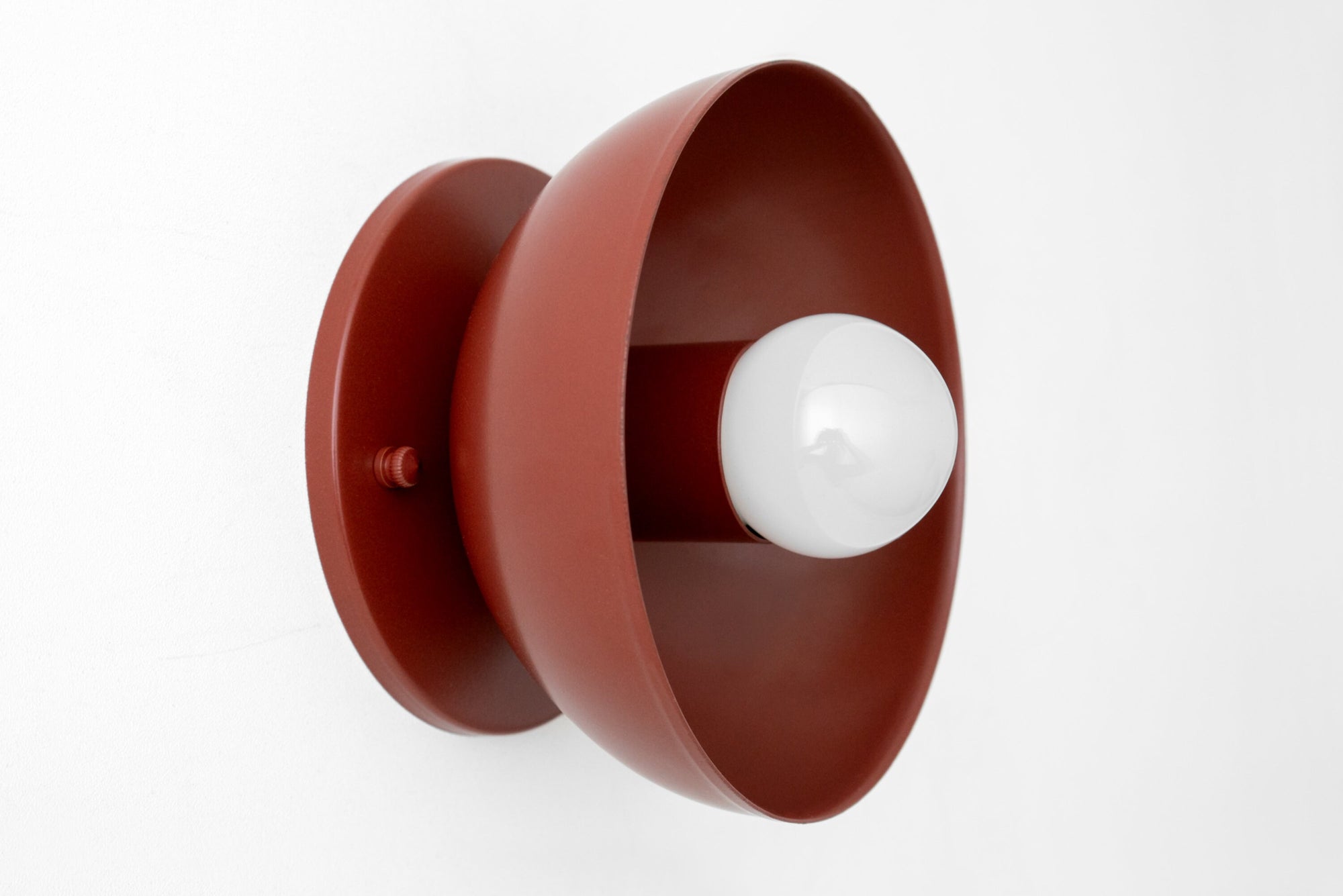 Brick red bare bulb Scandinavian flush sconce with matte finish and rounded design. - SCONCE MODEL NO. 4812