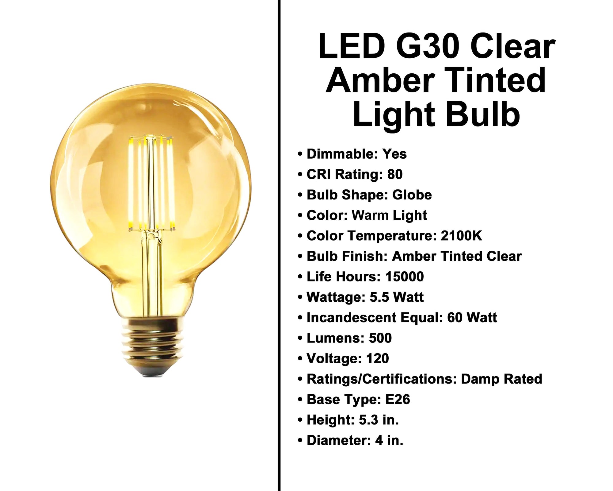 5.5 Watt - 500 Lumens - Clear Amber G30 Globe Bulb - 2100 - Peared Creation